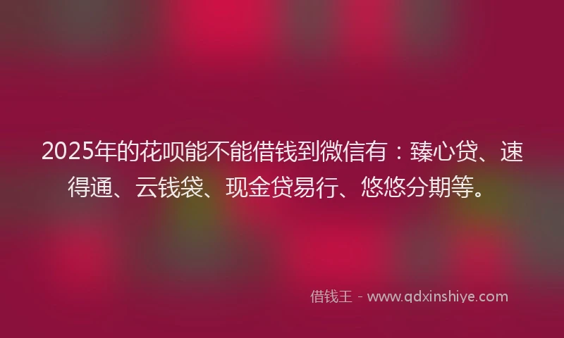 2025年的花呗能不能借钱到微信有：臻心贷、速得通、云钱袋、现金贷易行、悠悠分期等。