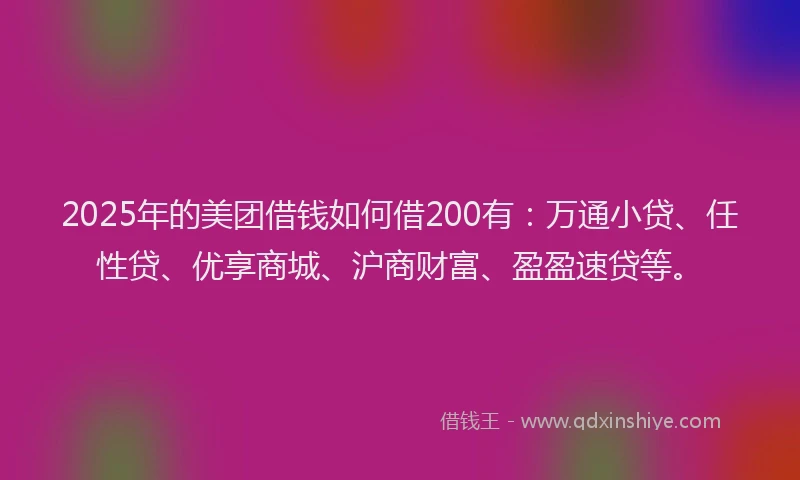 2025年的美团借钱如何借200有：万通小贷、任性贷、优享商城、沪商财富、盈盈速贷等。
