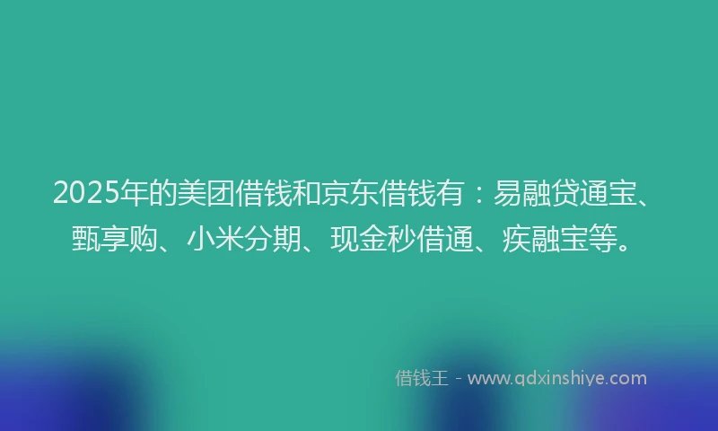 2025年的美团借钱和京东借钱有：易融贷通宝、甄享购、小米分期、现金秒借通、疾融宝等。