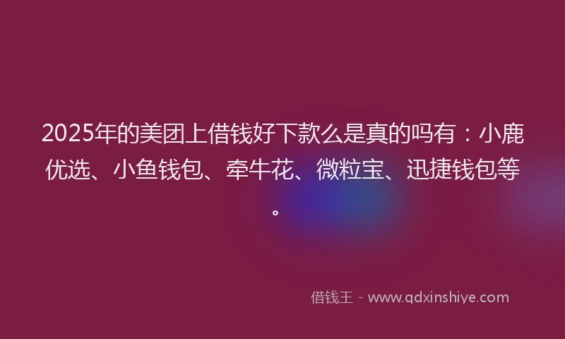 2025年的美团上借钱好下款么是真的吗有：小鹿优选、小鱼钱包、牵牛花、微粒宝、迅捷钱包等。