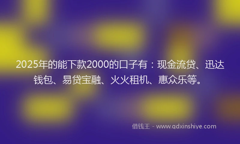 2025年的能下款2000的口子有：现金流贷、迅达钱包、易贷宝融、火火租机、惠众乐等。