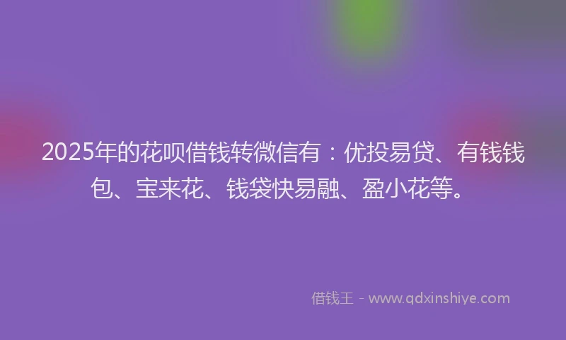 2025年的花呗借钱转微信有：优投易贷、有钱钱包、宝来花、钱袋快易融、盈小花等。