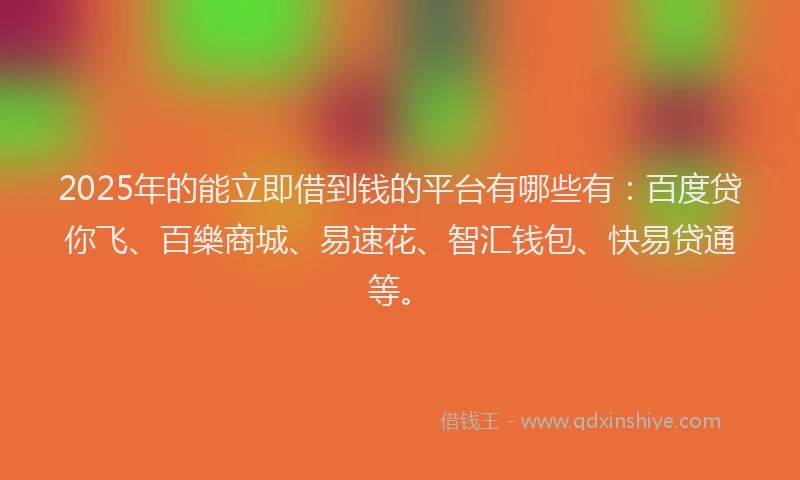 2025年的能立即借到钱的平台有哪些有：百度贷你飞、百樂商城、易速花、智汇钱包、快易贷通等。