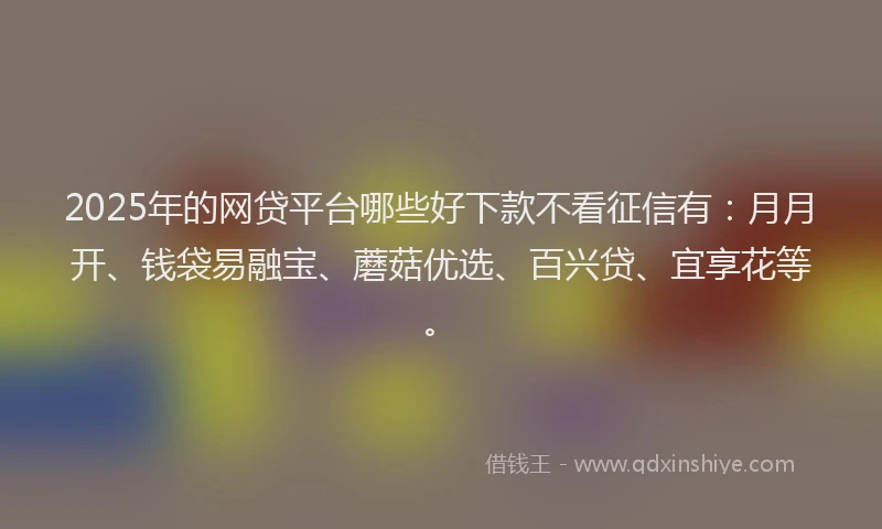 2025年的网贷平台哪些好下款不看征信有：月月开、钱袋易融宝、蘑菇优选、百兴贷、宜享花等。
