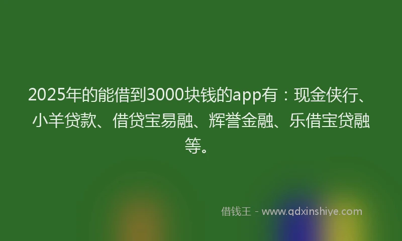 2025年的能借到3000块钱的app有：现金侠行、小羊贷款、借贷宝易融、辉誉金融、乐借宝贷融等。