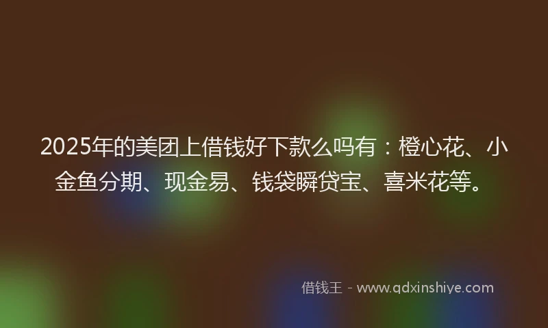 2025年的美团上借钱好下款么吗有：橙心花、小金鱼分期、现金易、钱袋瞬贷宝、喜米花等。