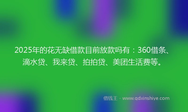 2025年的花无缺借款目前放款吗有：360借条、滴水贷、我来贷、拍拍贷、美团生活费等。