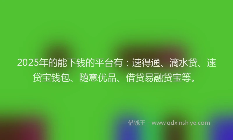 2025年的能下钱的平台有：速得通、滴水贷、速贷宝钱包、随意优品、借贷易融贷宝等。