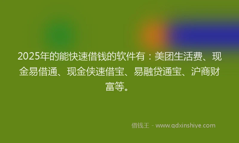2025年的能快速借钱的软件有：美团生活费、现金易借通、现金侠速借宝、易融贷通宝、沪商财富等。