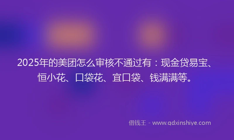 2025年的美团怎么审核不通过有：现金贷易宝、恒小花、口袋花、宜口袋、钱满满等。