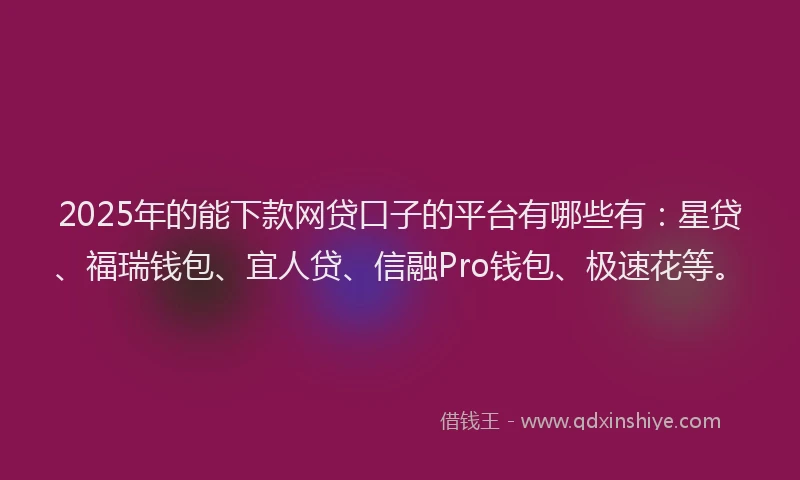 2025年的能下款网贷口子的平台有哪些有：星贷、福瑞钱包、宜人贷、信融Pro钱包、极速花等。