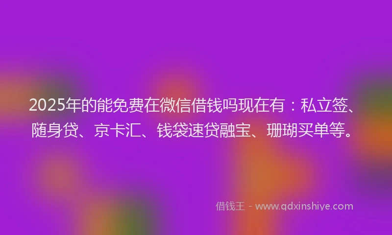 2025年的能免费在微信借钱吗现在有：私立签、随身贷、京卡汇、钱袋速贷融宝、珊瑚买单等。