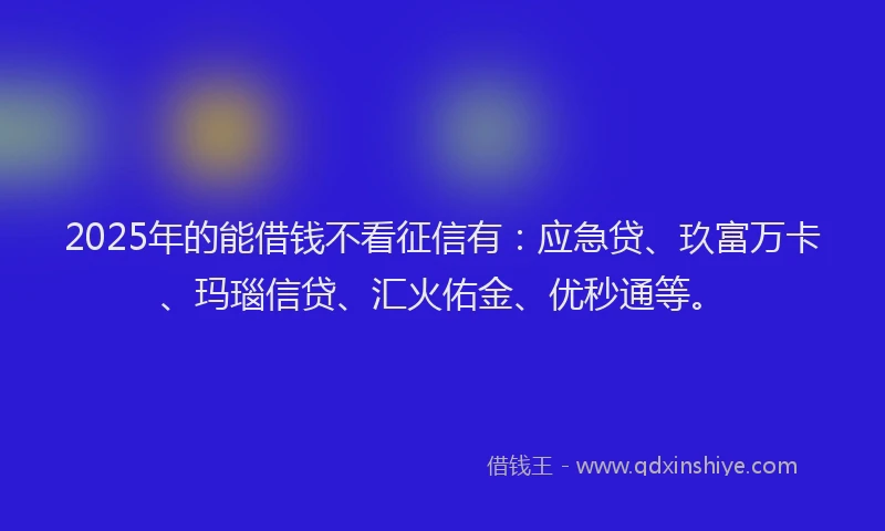 2025年的能借钱不看征信有：应急贷、玖富万卡、玛瑙信贷、汇火佑金、优秒通等。