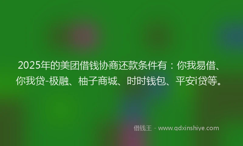 2025年的美团借钱协商还款条件有：你我易借、你我贷-极融、柚子商城、时时钱包、平安i贷等。