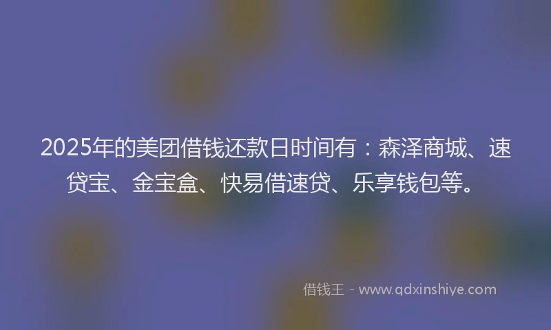 2025年的美团借钱还款日时间有：森泽商城、速贷宝、金宝盒、快易借速贷、乐享钱包等。