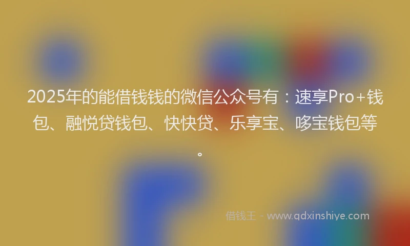 2025年的能借钱钱的微信公众号有：速享Pro+钱包、融悦贷钱包、快快贷、乐享宝、哆宝钱包等。