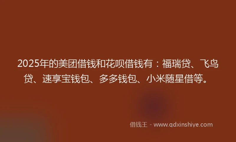 2025年的美团借钱和花呗借钱有：福瑞贷、飞鸟贷、速享宝钱包、多多钱包、小米随星借等。