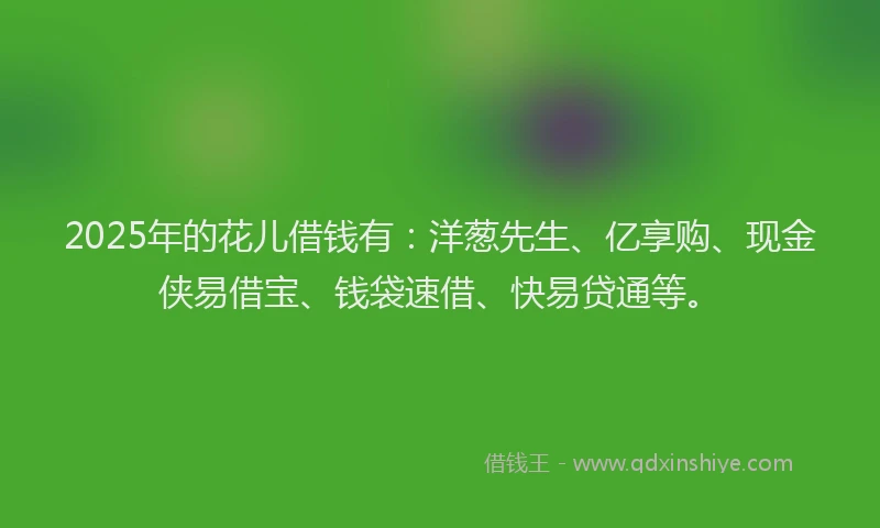 2025年的花儿借钱有：洋葱先生、亿享购、现金侠易借宝、钱袋速借、快易贷通等。