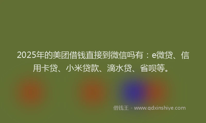 2025年的美团借钱直接到微信吗有：e微贷、信用卡贷、小米贷款、滴水贷、省呗等。