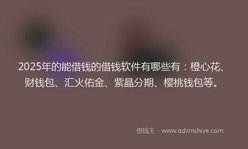 2025年的能借钱的借钱软件有哪些有：橙心花、财钱包、汇火佑金、紫晶分期、樱桃钱包等。
