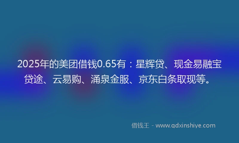 2025年的美团借钱0.65有：星辉贷、现金易融宝贷途、云易购、涌泉金服、京东白条取现等。