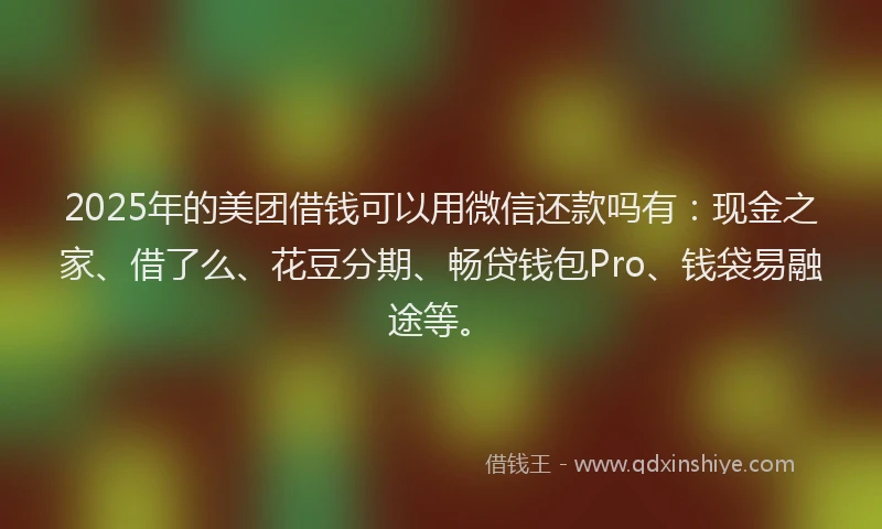 2025年的美团借钱可以用微信还款吗有：现金之家、借了么、花豆分期、畅贷钱包Pro、钱袋易融途等。
