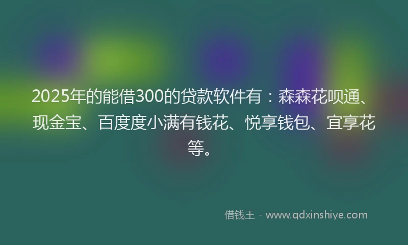 2025年的能借300的贷款软件有：森森花呗通、现金宝、百度度小满有钱花、悦享钱包、宜享花等。