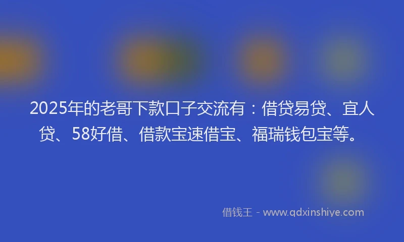 2025年的老哥下款口子交流有：借贷易贷、宜人贷、58好借、借款宝速借宝、福瑞钱包宝等。