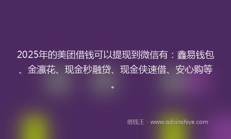 2025年的美团借钱可以提现到微信有：鑫易钱包、金瀛花、现金秒融贷、现金侠速借、安心购等。