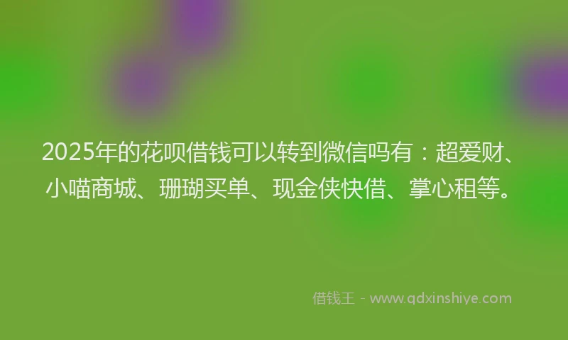2025年的花呗借钱可以转到微信吗有：超爱财、小喵商城、珊瑚买单、现金侠快借、掌心租等。