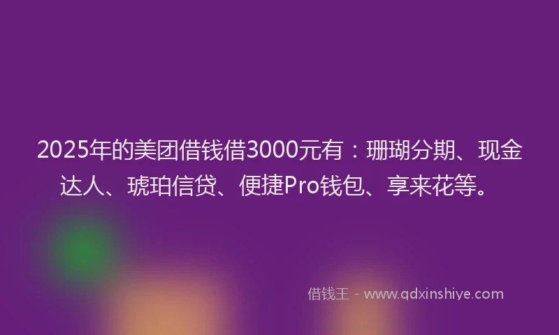 2025年的美团借钱借3000元有：珊瑚分期、现金达人、琥珀信贷、便捷Pro钱包、享来花等。