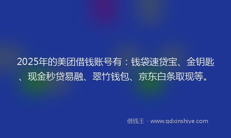2025年的美团借钱账号有：钱袋速贷宝、金钥匙、现金秒贷易融、翠竹钱包、京东白条取现等。