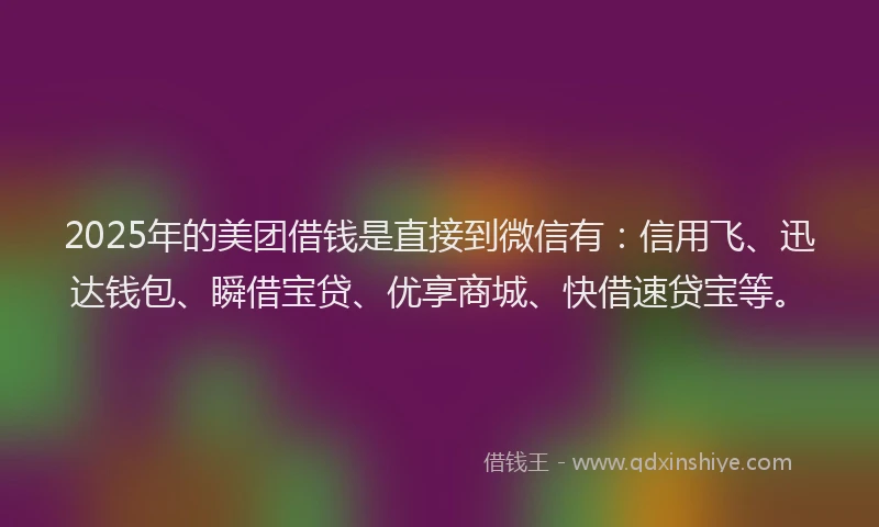 2025年的美团借钱是直接到微信有：信用飞、迅达钱包、瞬借宝贷、优享商城、快借速贷宝等。