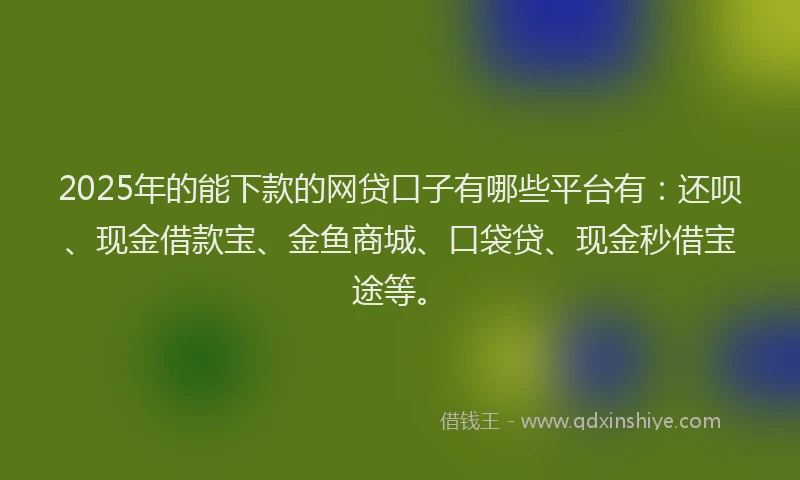 2025年的能下款的网贷口子有哪些平台有：还呗、现金借款宝、金鱼商城、口袋贷、现金秒借宝途等。