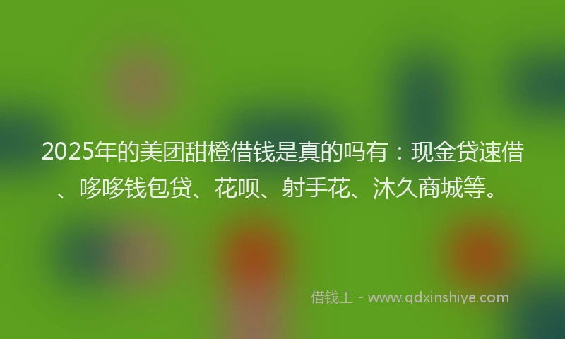 2025年的美团甜橙借钱是真的吗有：现金贷速借、哆哆钱包贷、花呗、射手花、沐久商城等。