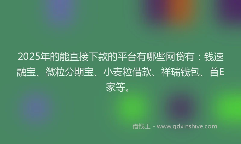 2025年的能直接下款的平台有哪些网贷有：钱速融宝、微粒分期宝、小麦粒借款、祥瑞钱包、首E家等。