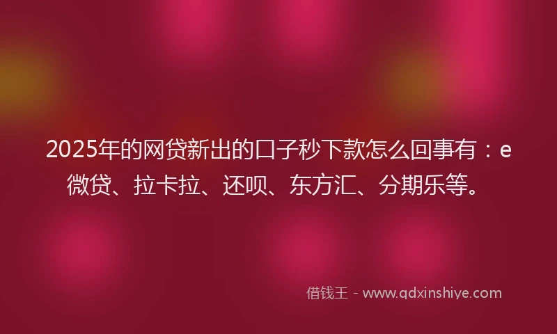 2025年的网贷新出的口子秒下款怎么回事有：e微贷、拉卡拉、还呗、东方汇、分期乐等。