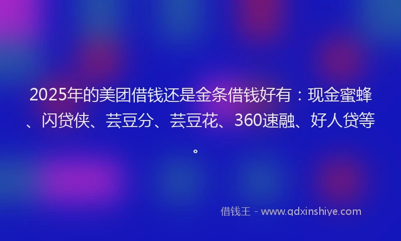 2025年的美团借钱还是金条借钱好有：现金蜜蜂、闪贷侠、芸豆分、芸豆花、360速融、好人贷等。