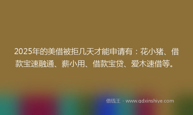 2025年的美借被拒几天才能申请有：花小猪、借款宝速融通、薪小用、借款宝贷、爱木速借等。