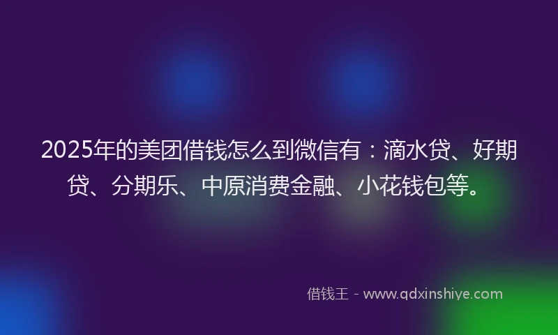 2025年的美团借钱怎么到微信有：滴水贷、好期贷、分期乐、中原消费金融、小花钱包等。