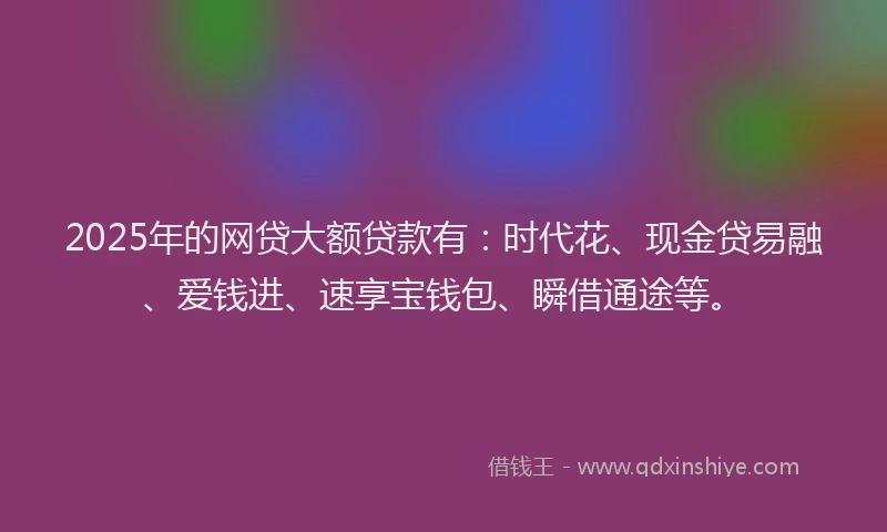 2025年的网贷大额贷款有：时代花、现金贷易融、爱钱进、速享宝钱包、瞬借通途等。