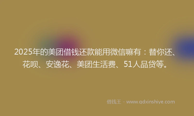 2025年的美团借钱还款能用微信嘛有：替你还、花呗、安逸花、美团生活费、51人品贷等。