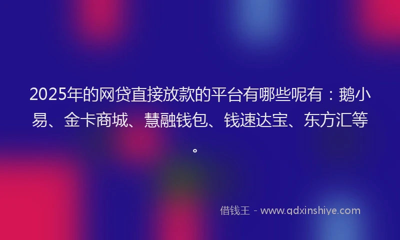 2025年的网贷直接放款的平台有哪些呢有：鹅小易、金卡商城、慧融钱包、钱速达宝、东方汇等。