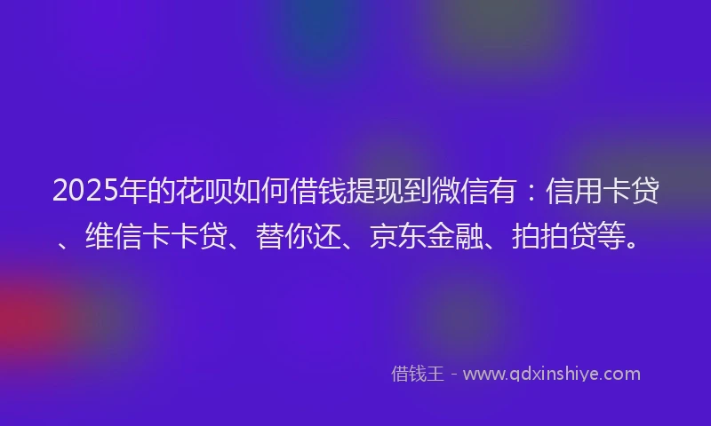2025年的花呗如何借钱提现到微信有：信用卡贷、维信卡卡贷、替你还、京东金融、拍拍贷等。