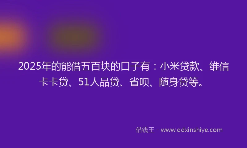 2025年的能借五百块的口子有：小米贷款、维信卡卡贷、51人品贷、省呗、随身贷等。