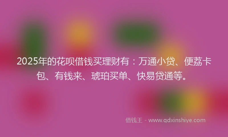 2025年的花呗借钱买理财有：万通小贷、便荔卡包、有钱来、琥珀买单、快易贷通等。