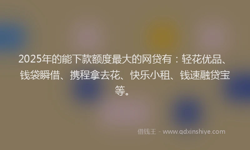 2025年的能下款额度最大的网贷有：轻花优品、钱袋瞬借、携程拿去花、快乐小租、钱速融贷宝等。