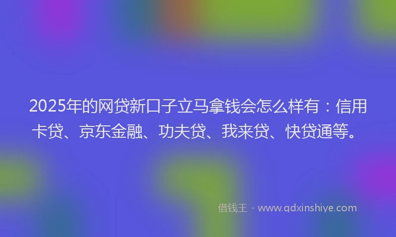 2025年的网贷新口子立马拿钱会怎么样有：信用卡贷、京东金融、功夫贷、我来贷、快贷通等。