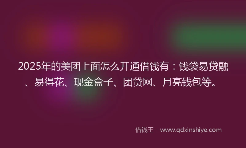 2025年的美团上面怎么开通借钱有：钱袋易贷融、易得花、现金盒子、团贷网、月亮钱包等。
