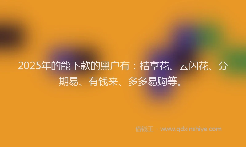 2025年的能下款的黑户有：桔享花、云闪花、分期易、有钱来、多多易购等。